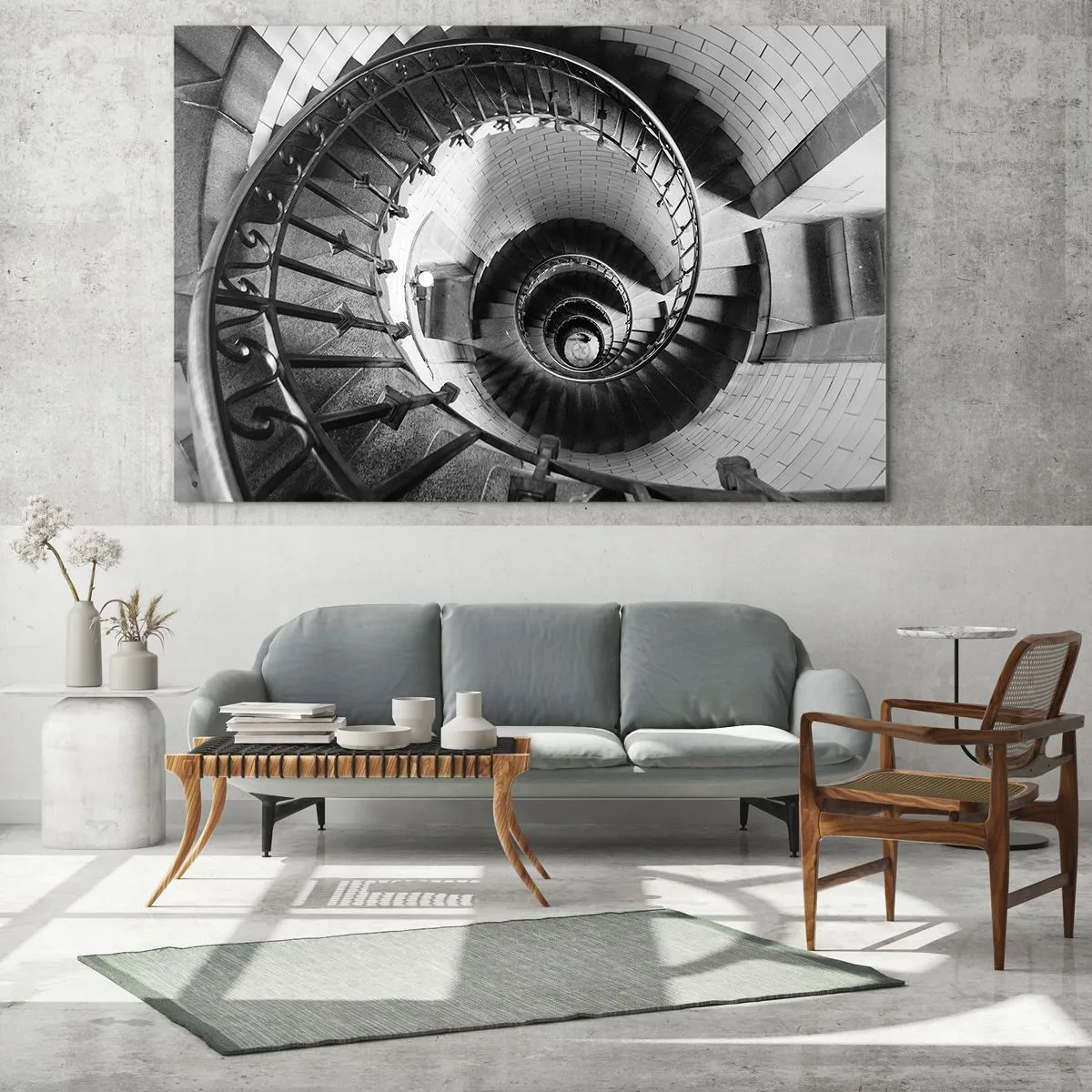 Impression sur verre - Image sur verre - Photo en noir et blanc d'un escalier en colimaçon en perspective - 70x50cm - De plus en plus haut - Décoration murale moderne pour le salon et la chambre ARTTOR