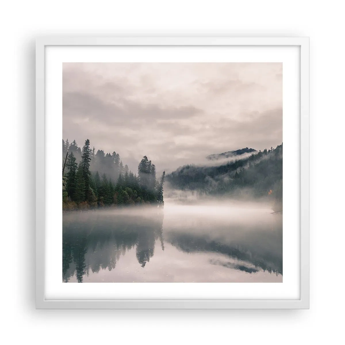 Affiche dans un cadre blanc - Poster - Reflet dans le brouillard - 50x50 cm