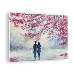 Impression sur verre - Image sur verre - Un couple se promenant sous des arbres en fleurs - 70x50cm - Ballade romantique - Décoration murale moderne pour le salon et la chambre ARTTOR
