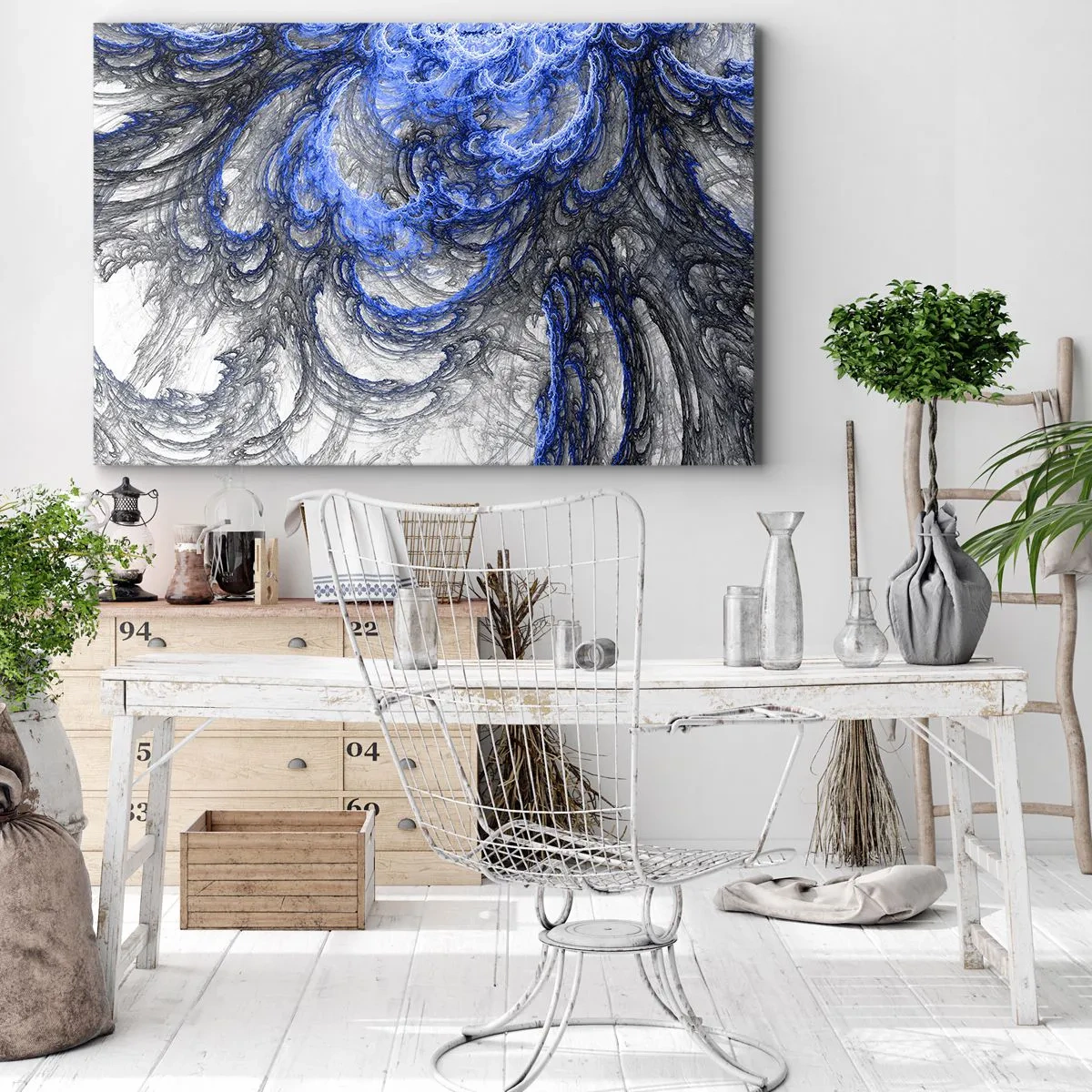 Impression sur toile - Image sur toile - Vagues abstraites dans des tons de bleu et de gris - 70x50cm - La naissance d'une vague - Décoration murale moderne pour le salon et la chambre ARTTOR