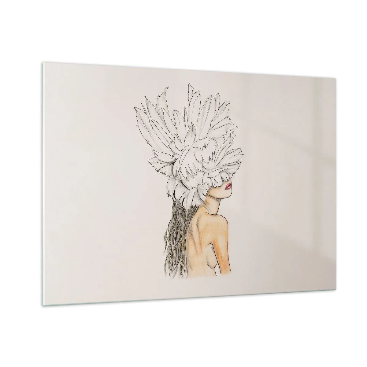 Impression sur verre - Image sur verre - Un dessin d'une femme aux cheveux longs et à la couronne de grandes plumes - 100x70cm - Beauté couronnée - Décoration murale moderne pour le salon et la chambre ARTTOR