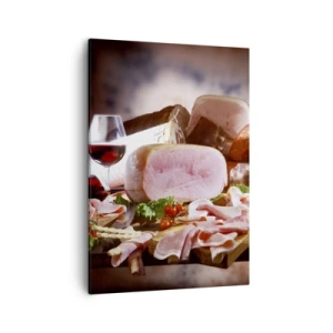 Impression sur toile - Image sur toile - Charcuterie au vin sur fond rustique - 50x70cm - Un rêve culinaire avec une carafe - Décoration murale moderne pour le salon et la chambre ARTTOR