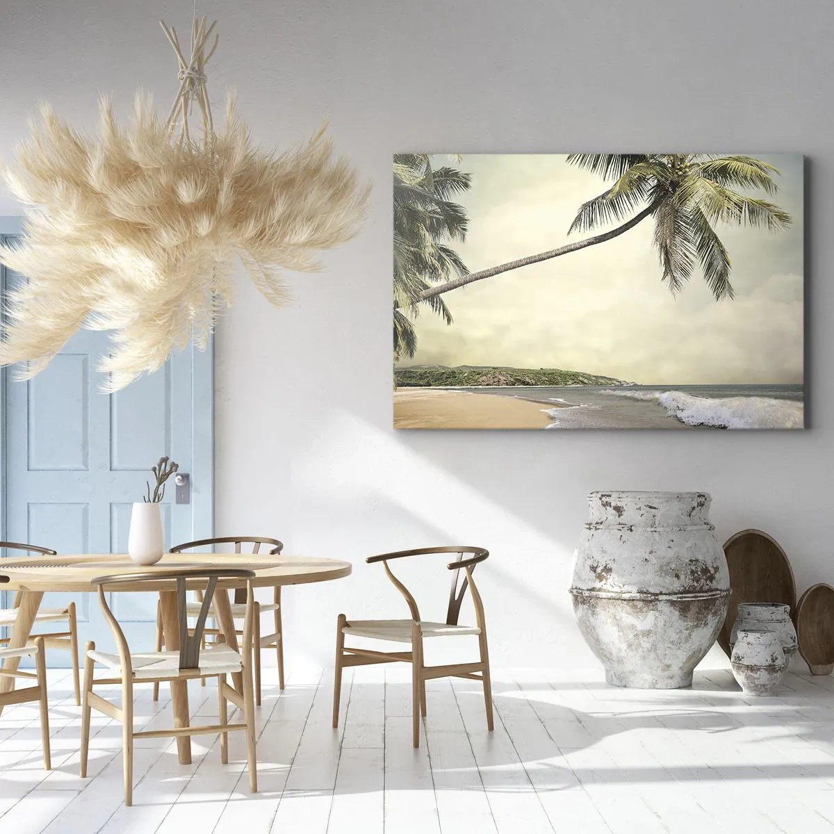 Impression sur toile - Image sur toile - Une plage avec des palmiers sur fond de mer calme - 70x50cm - Rêve tropical - Décoration murale moderne pour le salon et la chambre ARTTOR