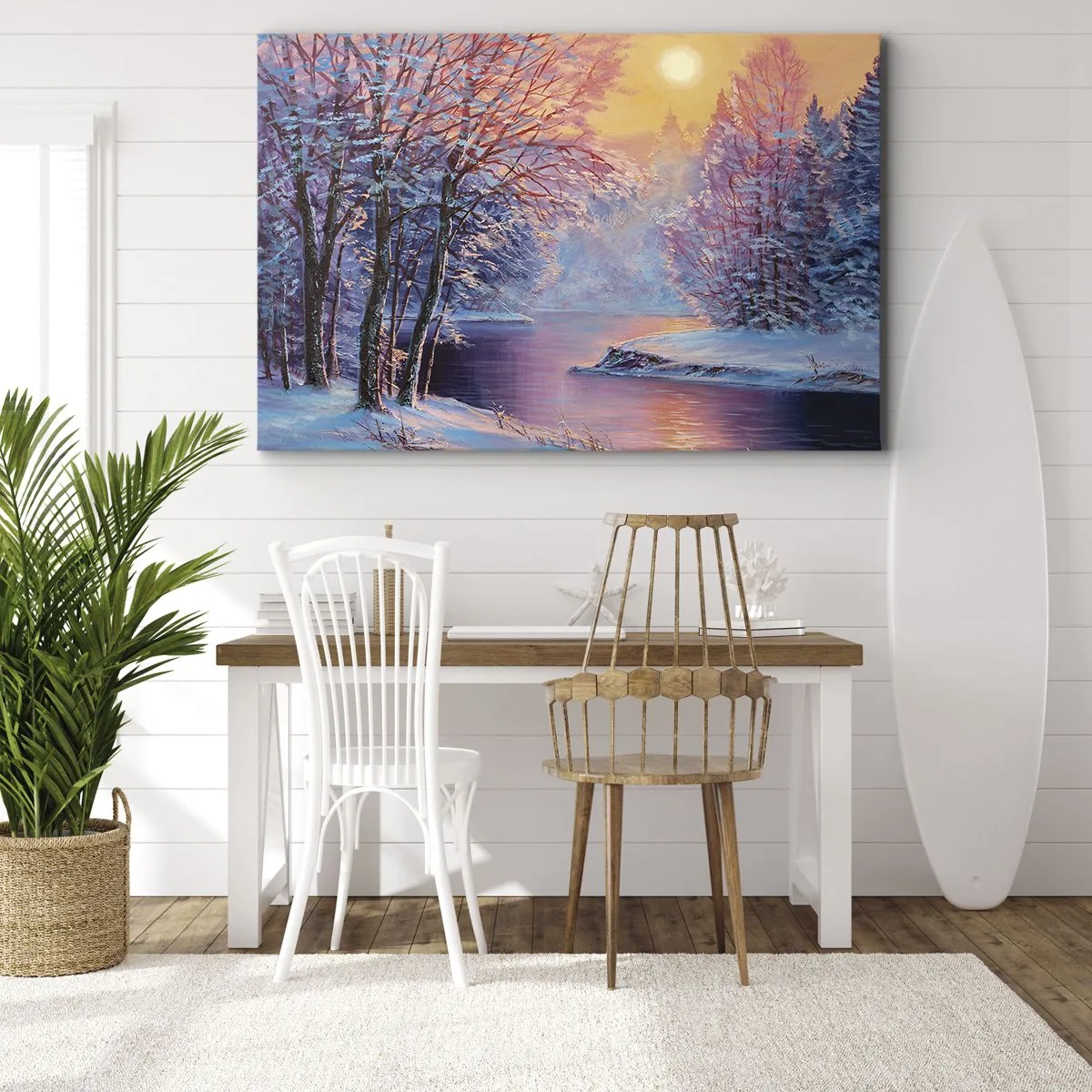 Impression sur toile - Image sur toile - Paysage d'hiver avec rivière et arbres au lever du soleil - 70x50cm - Couleurs d'hiver - Décoration murale moderne pour le salon et la chambre ARTTOR