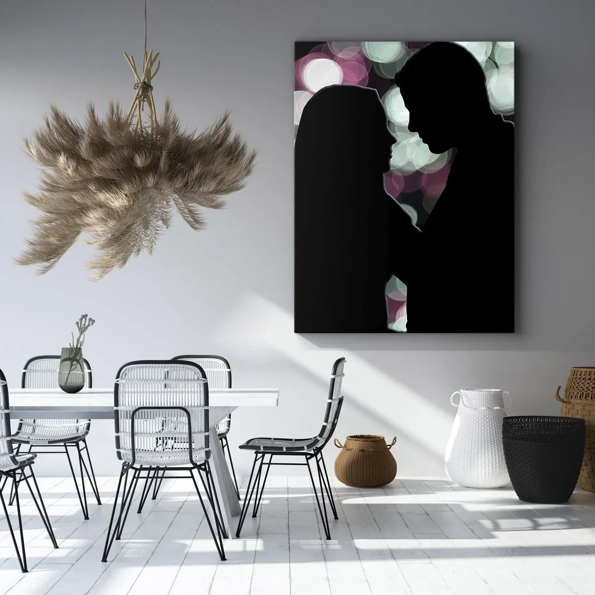 Impression sur toile - Image sur toile - Silhouettes d'un couple sur fond de lumières bokeh colorées - 70x100cm - Oui! - Décoration murale moderne pour le salon et la chambre ARTTOR