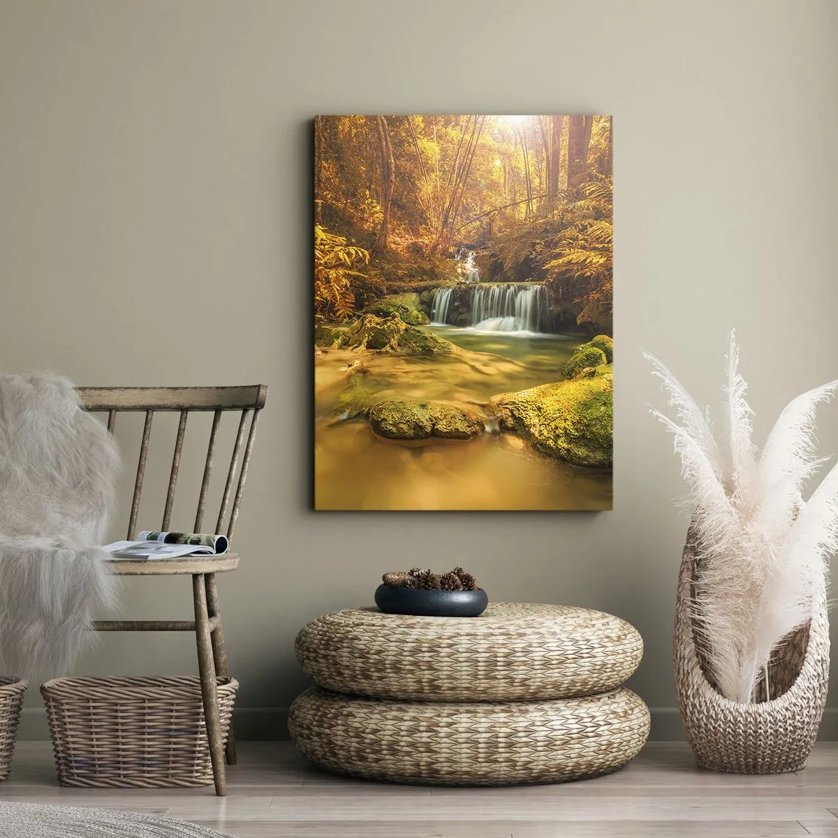 Impression sur toile - Image sur toile - Cascade de forêt en or - 65x120 cm