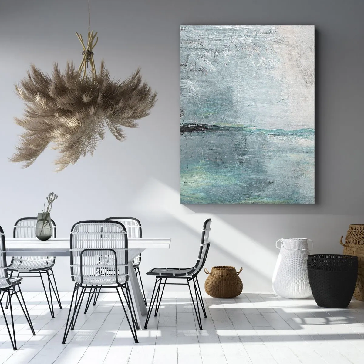 Impression sur toile - Image sur toile - Abstraction dans les tons turquoise et gris - 50x70cm - Horizontalement en bleu - Décoration murale moderne pour le salon et la chambre ARTTOR