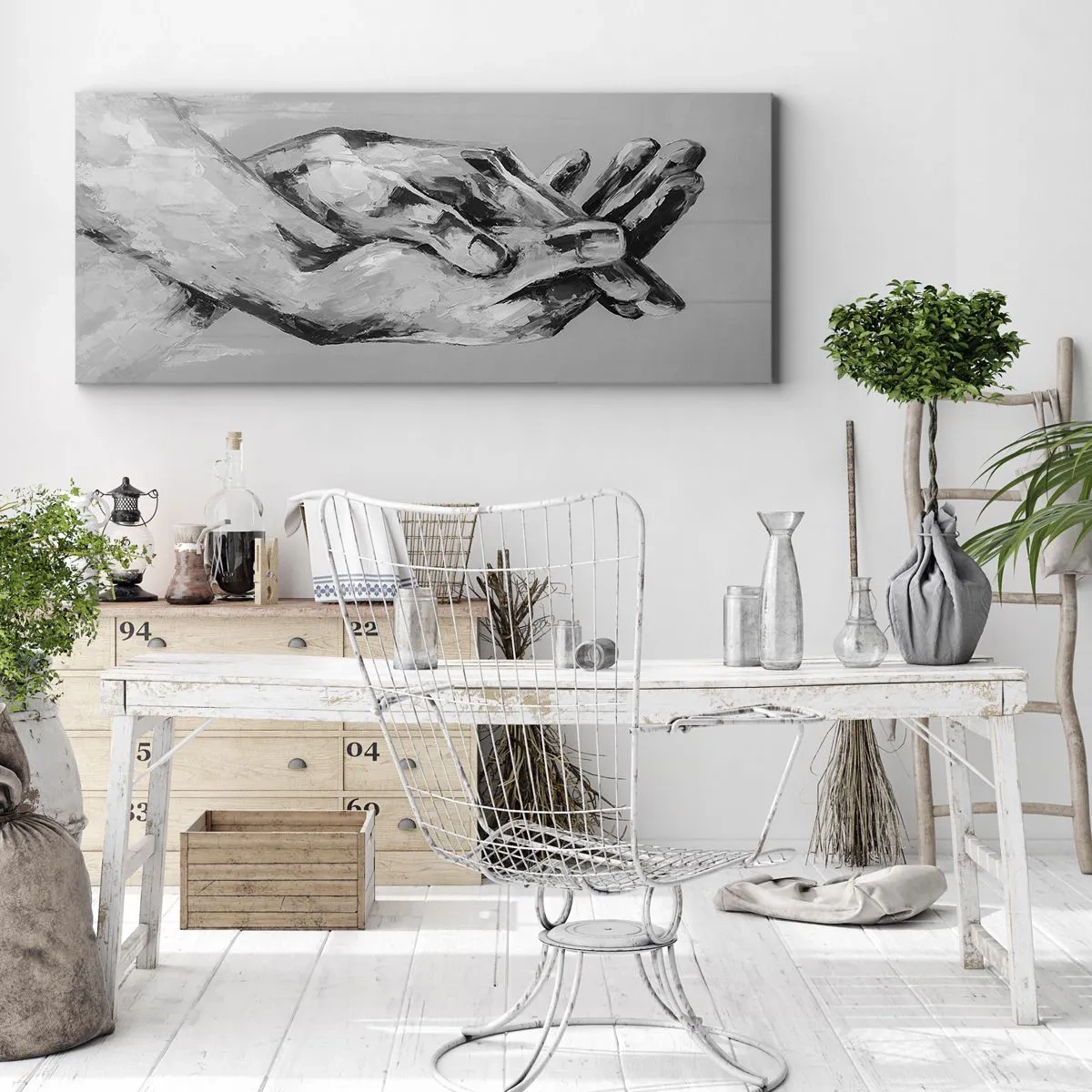 Impression sur toile - Image sur toile - Une composition en noir et blanc de deux mains jointes sur un fond clair. - 120x50cm - Début... - Décoration murale moderne pour le salon et la chambre ARTTOR