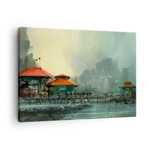 Impression sur toile - Image sur toile - Bâtiments portuaires dans un paysage pluvieux avec des mouettes - 70x50cm - Une journée ensoleillée au port - Décoration murale moderne pour le salon et la chambre ARTTOR