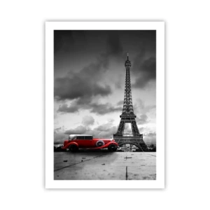 Affiche - Poster - Une voiture rouge devant la Tour Eiffel en noir et blanc - 50x70cm - Il n'y a pas si longtemps à Paris - Décoration murale moderne pour le salon et la chambre ARTTOR
