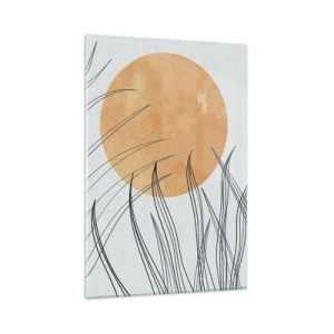 Impression sur verre - Image sur verre - Brins d'herbe abstraits sur fond de grand soleil orange - 80x120cm - Toujours vers le soleil - Décoration murale moderne pour le salon et la chambre ARTTOR