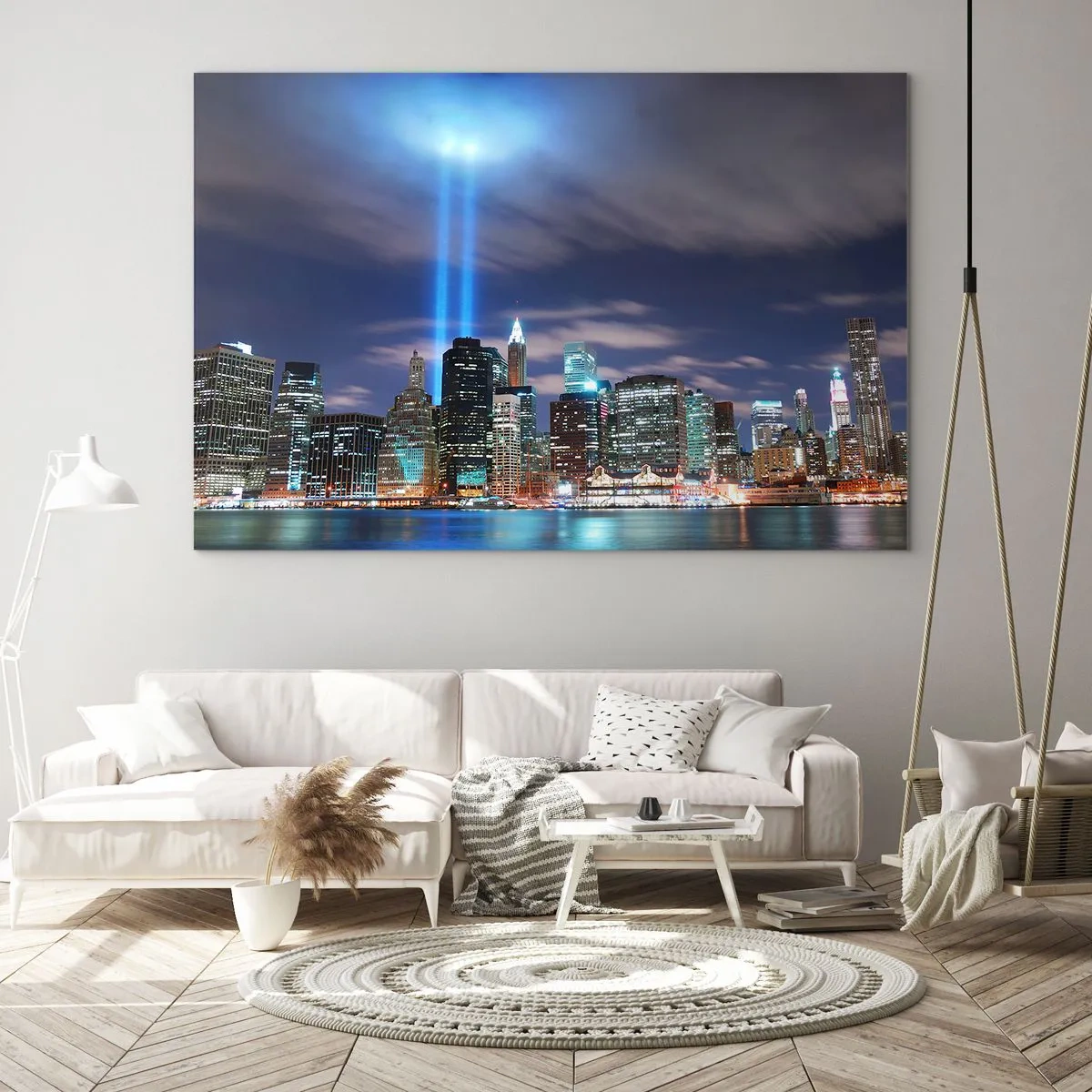 Impression sur verre - Image sur verre - Panorama nocturne de la ville avec des projecteurs - 70x50cm - Atteindre le ciel avec la lumière - Décoration murale moderne pour le salon et la chambre ARTTOR