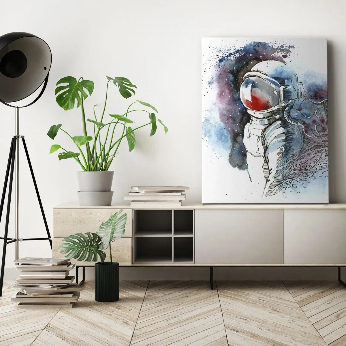 Impression sur toile - Image sur toile - Un cosmonaute dans une aquarelle dynamique avec des détails cosmiques - 50x70cm - Seul avec l'espace - Décoration murale moderne pour le salon et la chambre ARTTOR