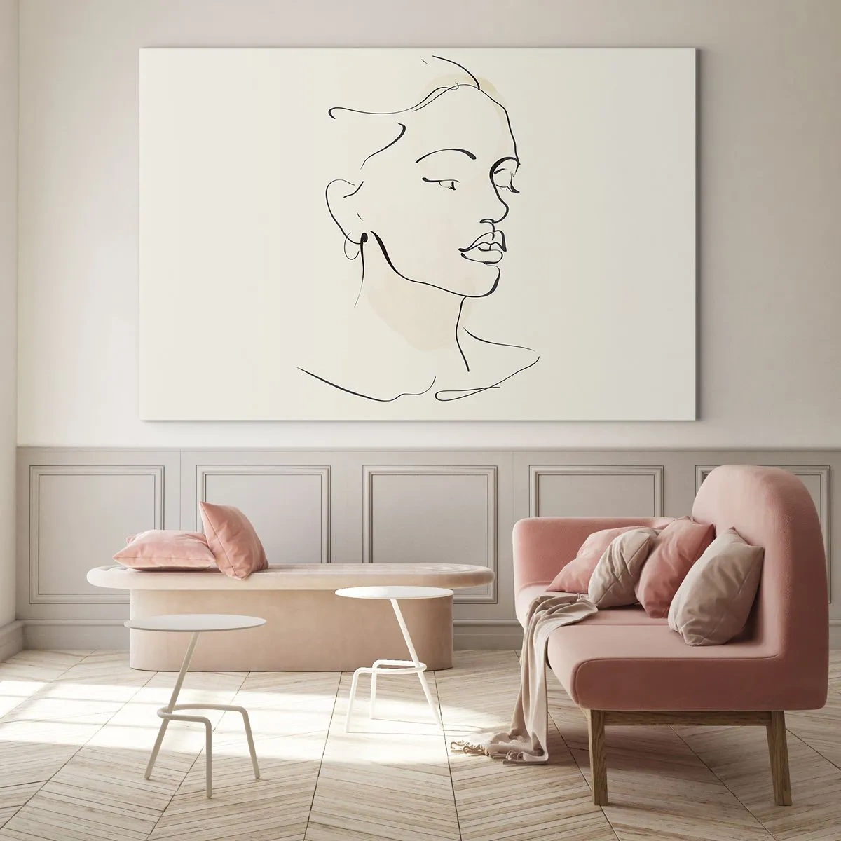 Impression sur verre - Image sur verre - Un portrait linéaire féminin sur un fond clair avec des ombres délicates. - 70x50cm - Une ligne certaine - Décoration murale moderne pour le salon et la chambre ARTTOR