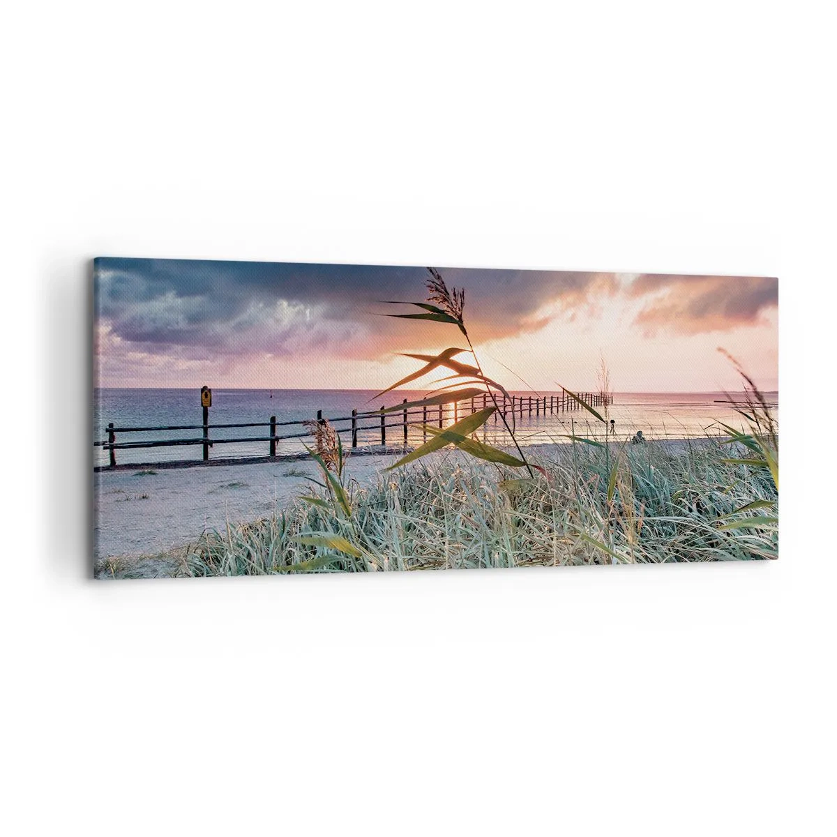 Impression sur toile - Image sur toile - Plage au coucher du soleil avec des herbes au premier plan - 120x50cm - Ça ne passe pas avec le vent - Décoration murale moderne pour le salon et la chambre ARTTOR