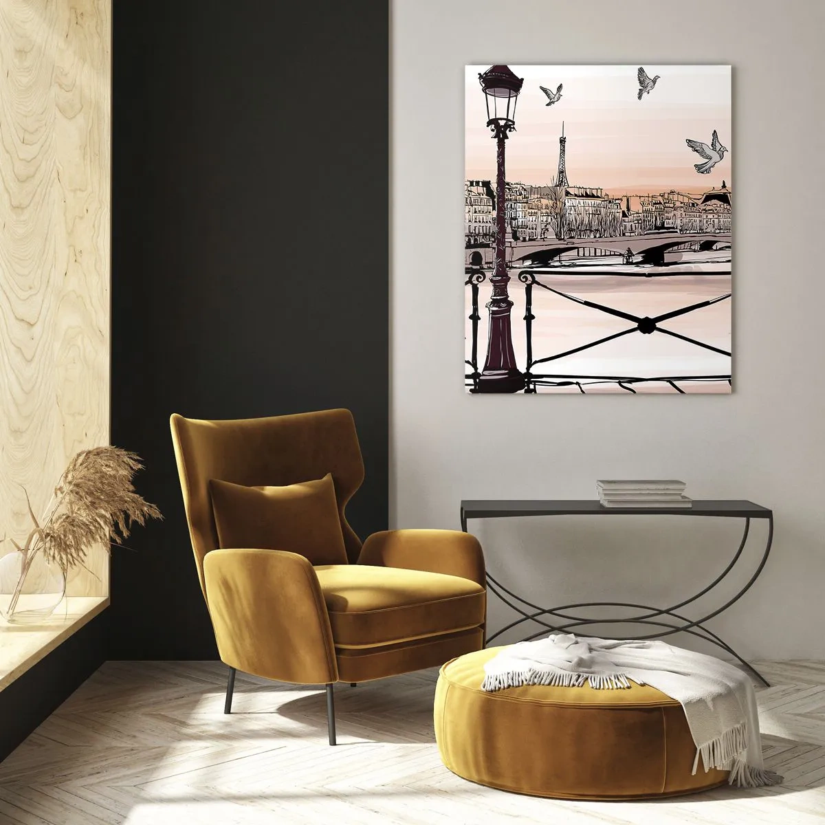Impression sur verre - Image sur verre - Illustration d'une rue parisienne avec vue sur la Tour Eiffel à l'aube - 50x70cm - Sur les toits de Paris - Décoration murale moderne pour le salon et la chambre ARTTOR