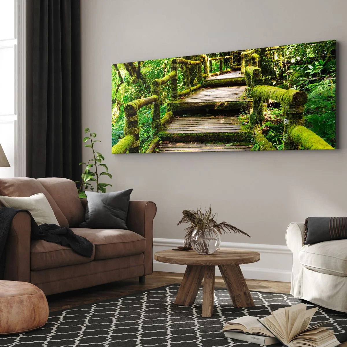 Impression sur toile - Image sur toile - Un pont en bois recouvert de mousse dans une forêt tropicale - 140x50cm - Un couloir de verdure - Décoration murale moderne pour le salon et la chambre ARTTOR