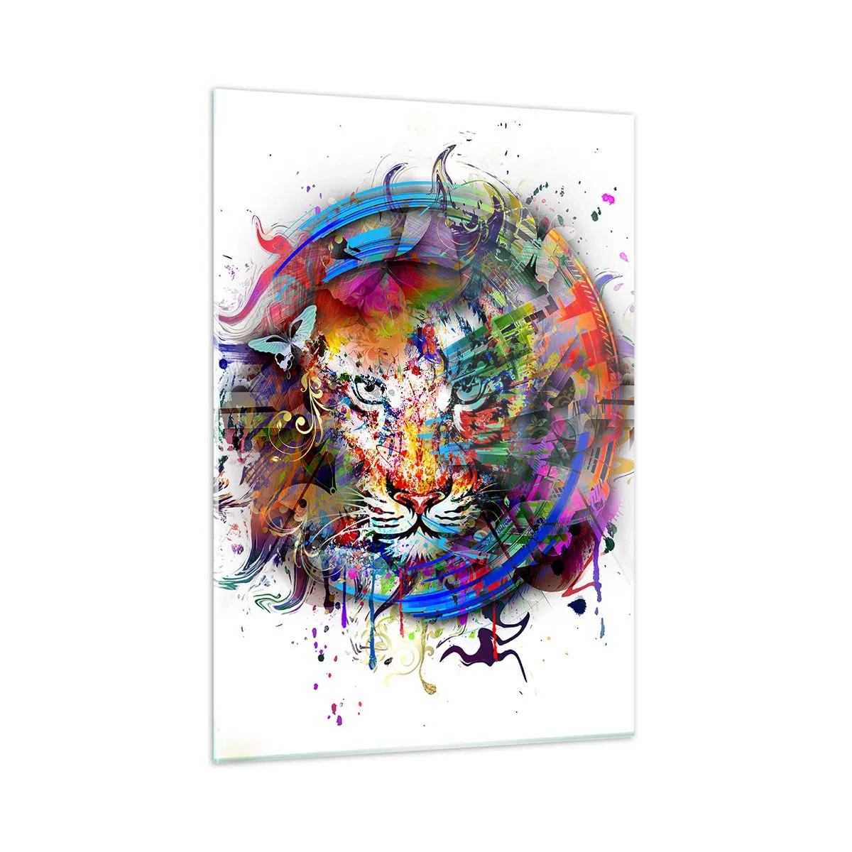 Impression sur verre - Image sur verre - Portrait coloré d'un lion dans un style artistique avec des accents abstraits - 50x70cm - Il se cache derrière un voile arc-en-ciel - Décoration murale moderne pour le salon et la chambre ARTTOR