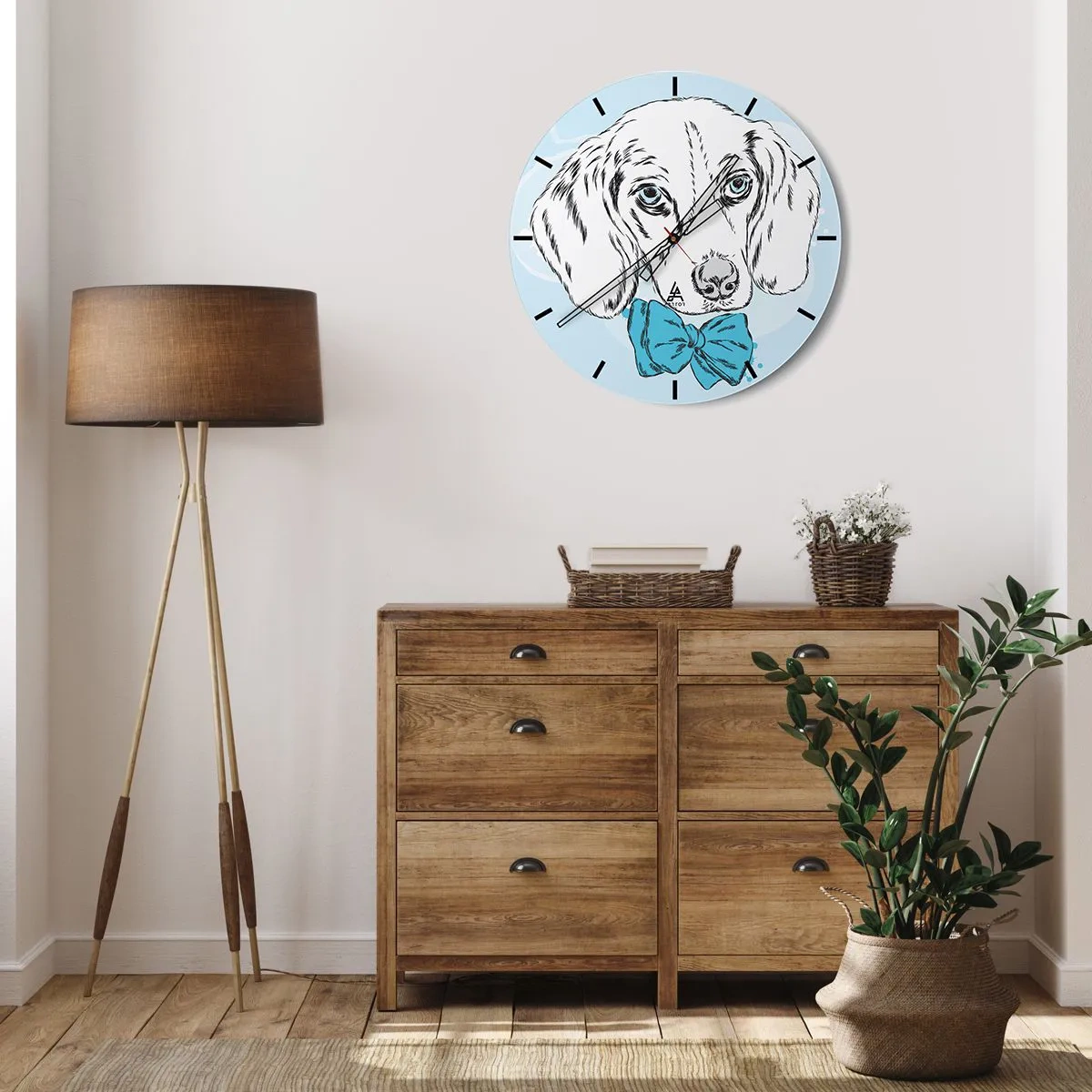 Horloge murale - Pendule murale - Dessin artistique d'un chien avec un nœud papillon bleu sur fond clair - 30x30cm - L'élégance du chien - Décoration murale moderne pour le salon, la cuisine et la chambre ARTTOR