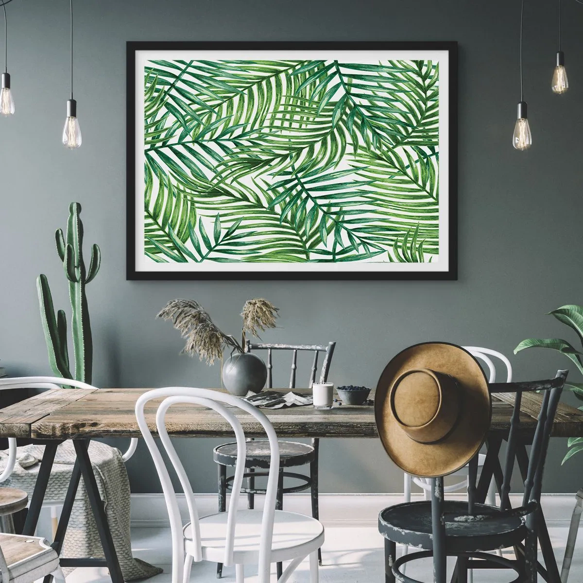 Affiche dans un cadre noir - Poster - Feuilles de palmier tropicales vertes sur fond clair - 70x50cm - Sous la canopée verte - Décoration murale moderne pour le salon et la chambre ARTTOR