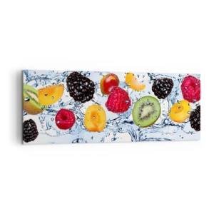 Impression sur toile - Image sur toile - Fruits colorés immergés dans des éclaboussures d'eau sur un fond blanc - 140x50cm - Amusez-vous avec nous - Décoration murale moderne pour le salon et la chambre ARTTOR