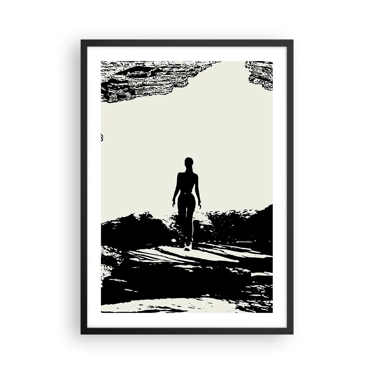 Affiche dans un cadre noir - Poster - Silhouette d'une femme sortant d'une grotte dans un style contrasté - 50x70cm - Nouveau look - Décoration murale moderne pour le salon et la chambre ARTTOR