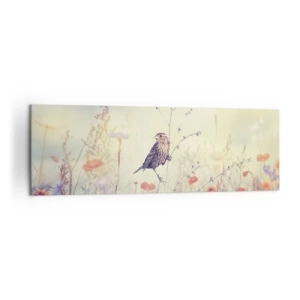 Impression sur toile - Image sur toile - Un oiseau sur fond de prairie colorée aux couleurs pastel - 160x50cm - Portrait d'oiseau sur pré en fond - Décoration murale moderne pour le salon et la chambre ARTTOR