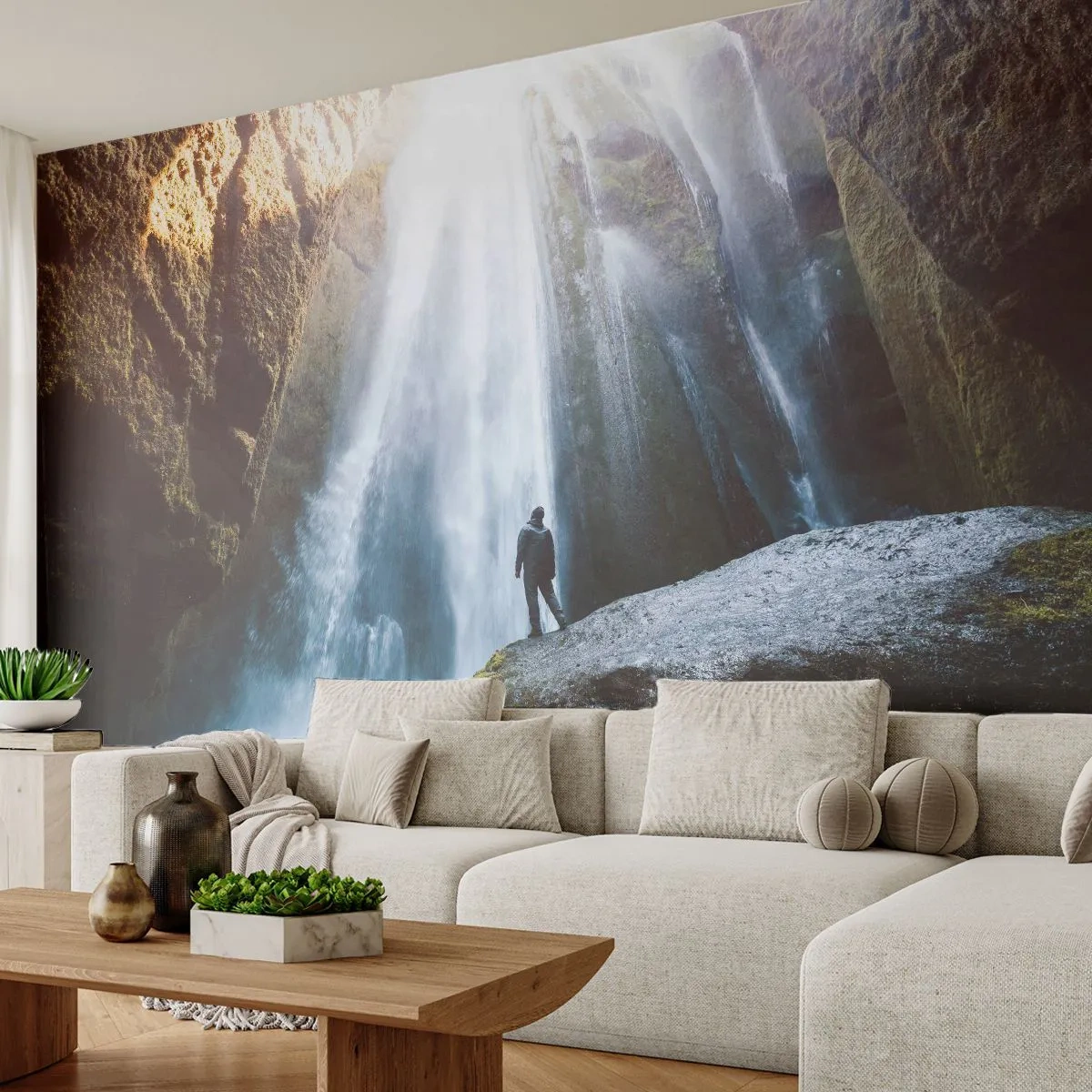 Papier Peint Photo Standard Eco - Restauration des proportions - Cascade, Rochers, Grotte - 400x280 cm