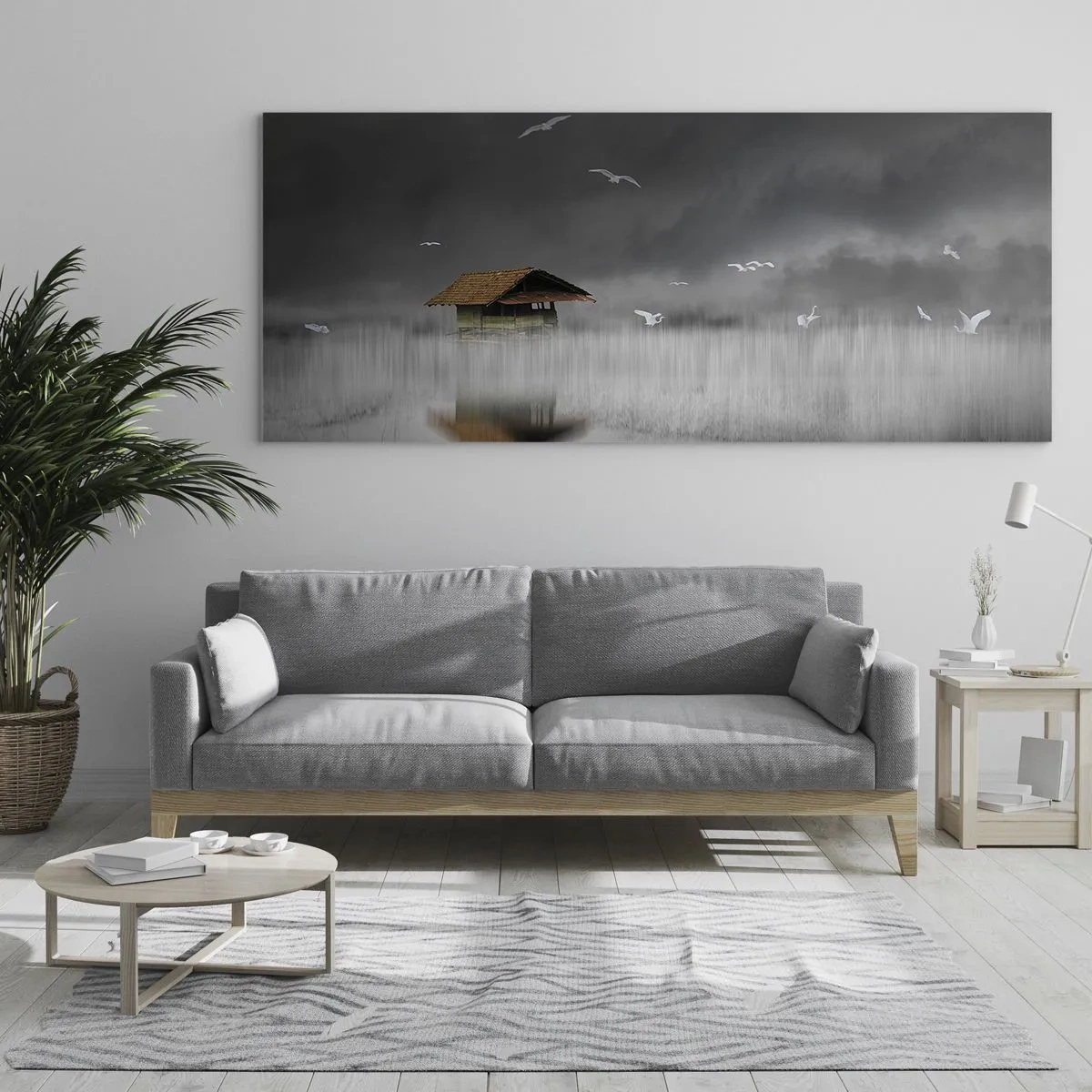 Impression sur verre - Image sur verre - Un chalet solitaire sur l'eau entouré de brouillard et d'oiseaux - 160x50cm - A l'abri de la pluie - Décoration murale moderne pour le salon et la chambre ARTTOR