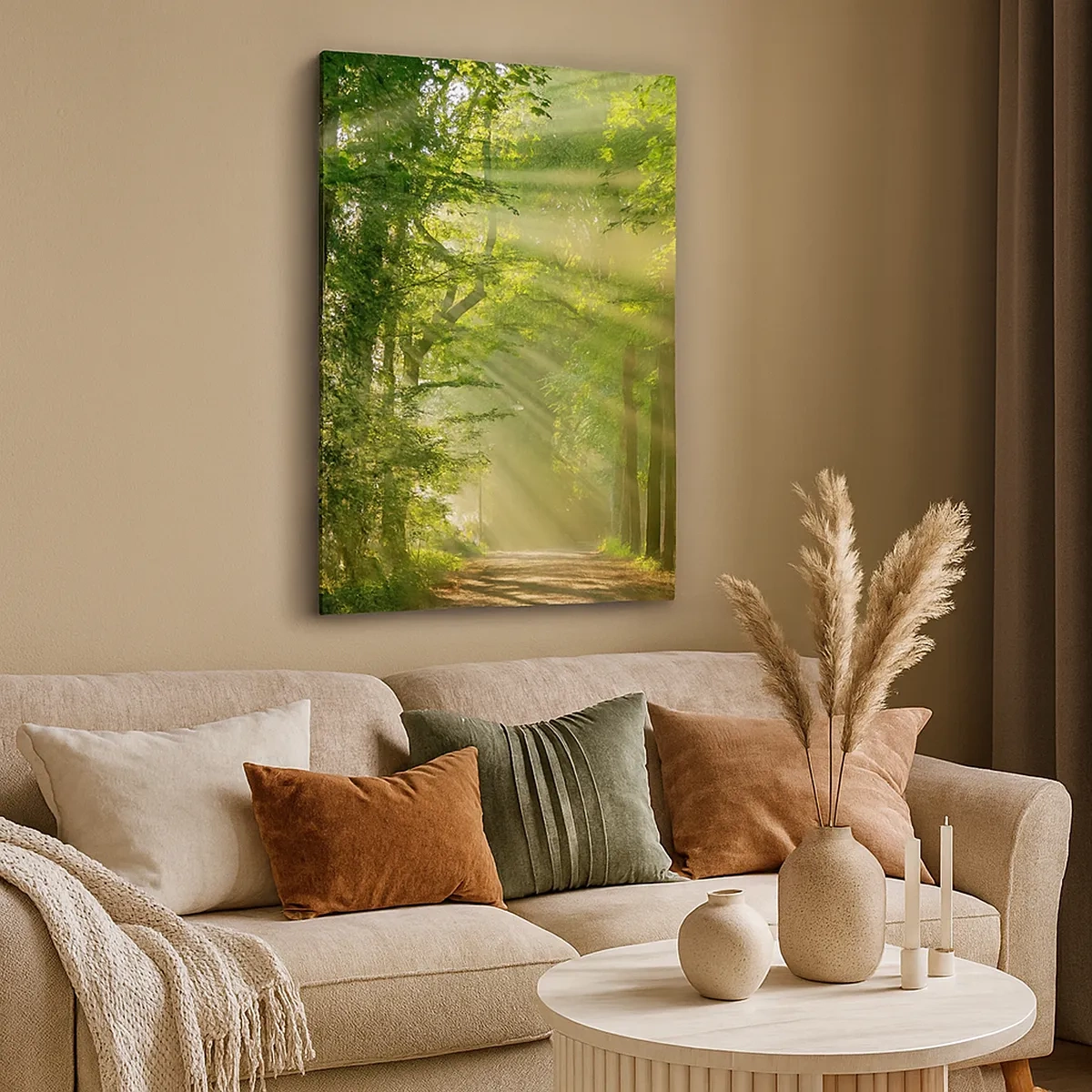 Impression sur toile - Image sur toile - Chemin forestier avec les rayons du soleil qui brillent à travers les arbres - 50x70cm - Moment de forêt - Décoration murale moderne pour le salon et la chambre ARTTOR
