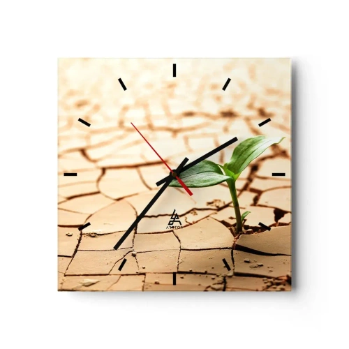 Horloge murale - Pendule murale - Une plante verte poussant sur une terre sèche et craquelée - 30x30cm - La force indomptable de la vie - Décoration murale moderne pour le salon et la chambre ARTTOR