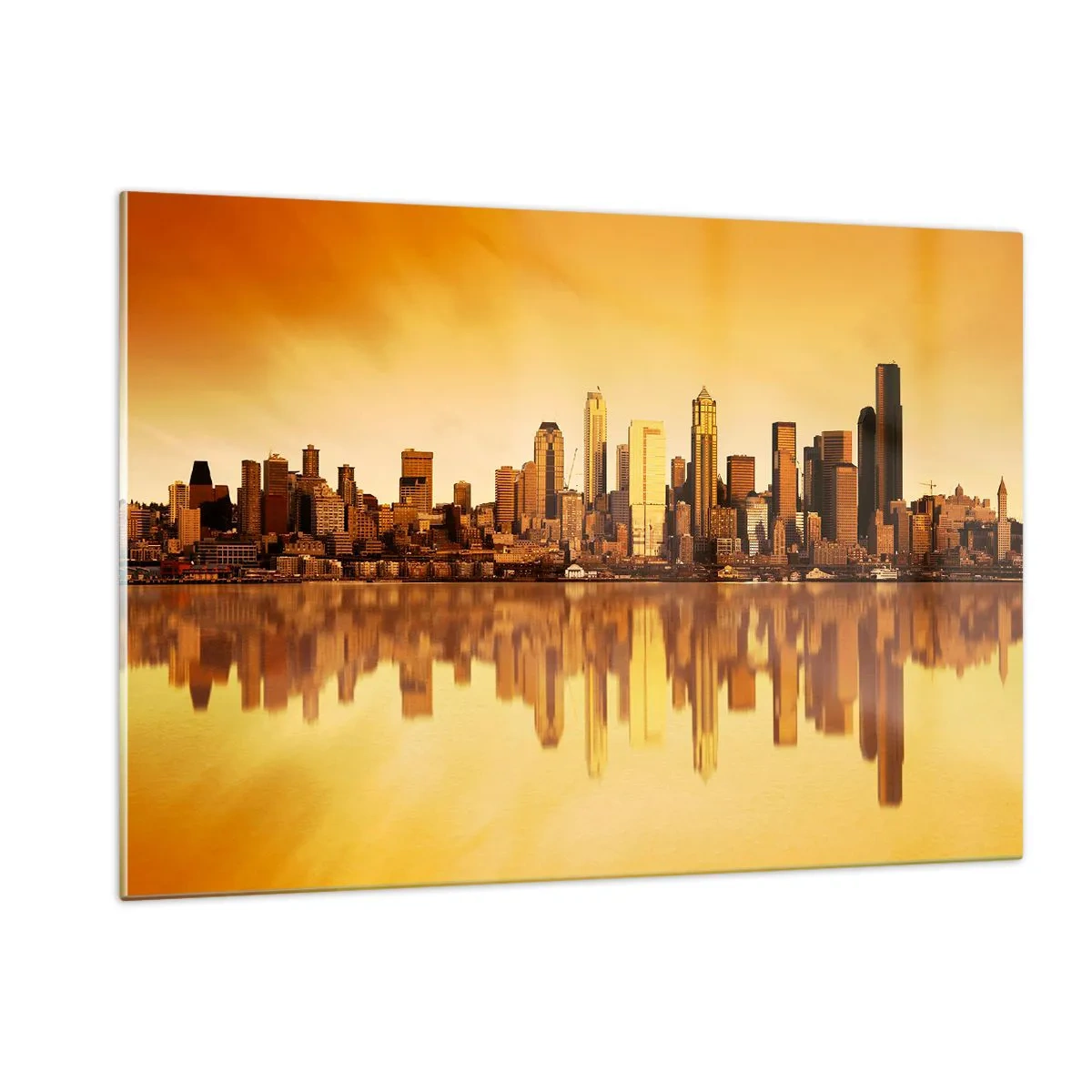 Impression sur verre - Image sur verre - Panorama de la ville dans la lumière dorée du coucher du soleil - 120x80cm - Le silence de la métropole - Décoration murale moderne pour le salon et la chambre ARTTOR
