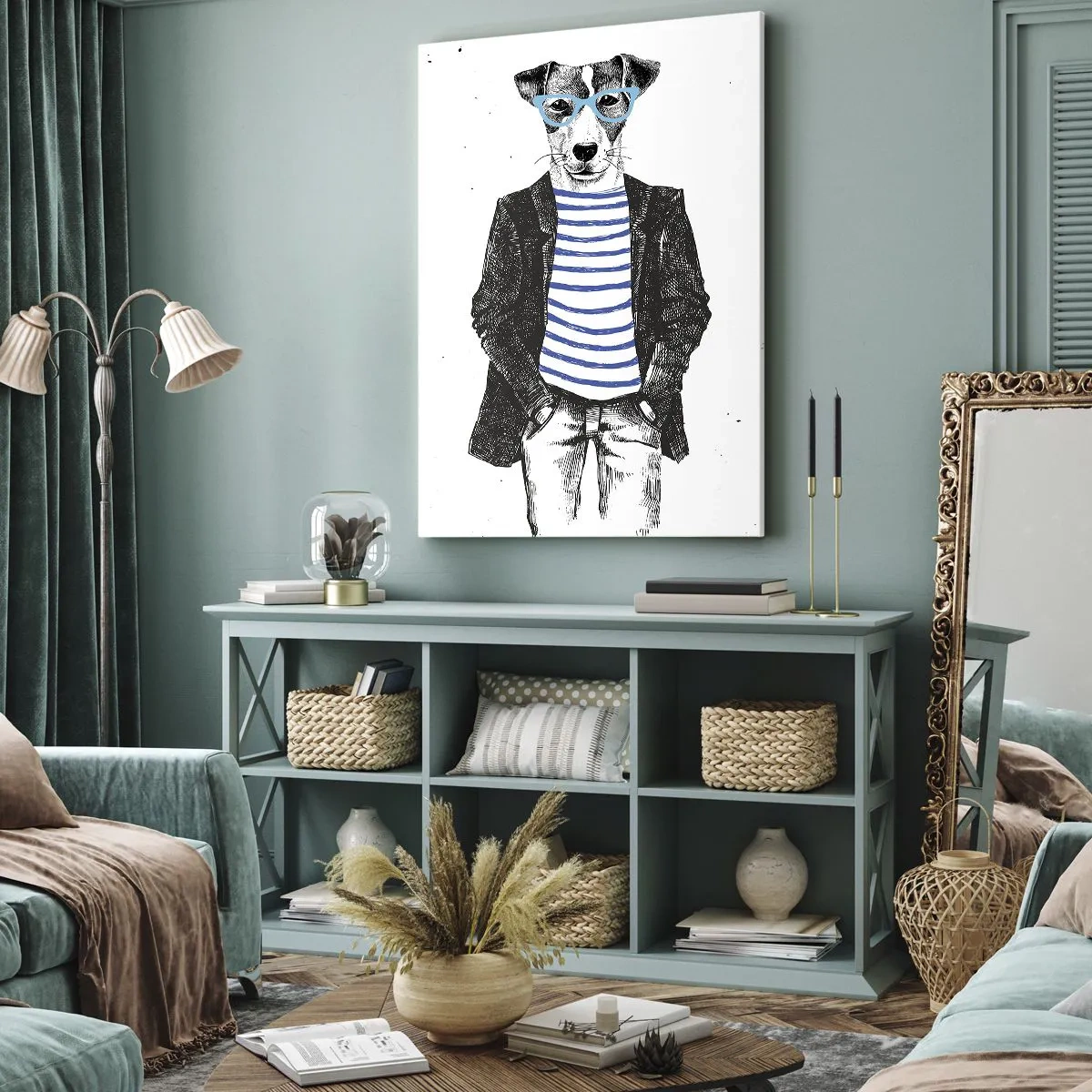 Impression sur toile - Image sur toile - Portrait d'un chien portant des lunettes et une chemise de marin dans un style humoristique - 50x70cm - Un charme de chien - Décoration murale moderne pour le salon et la chambre ARTTOR