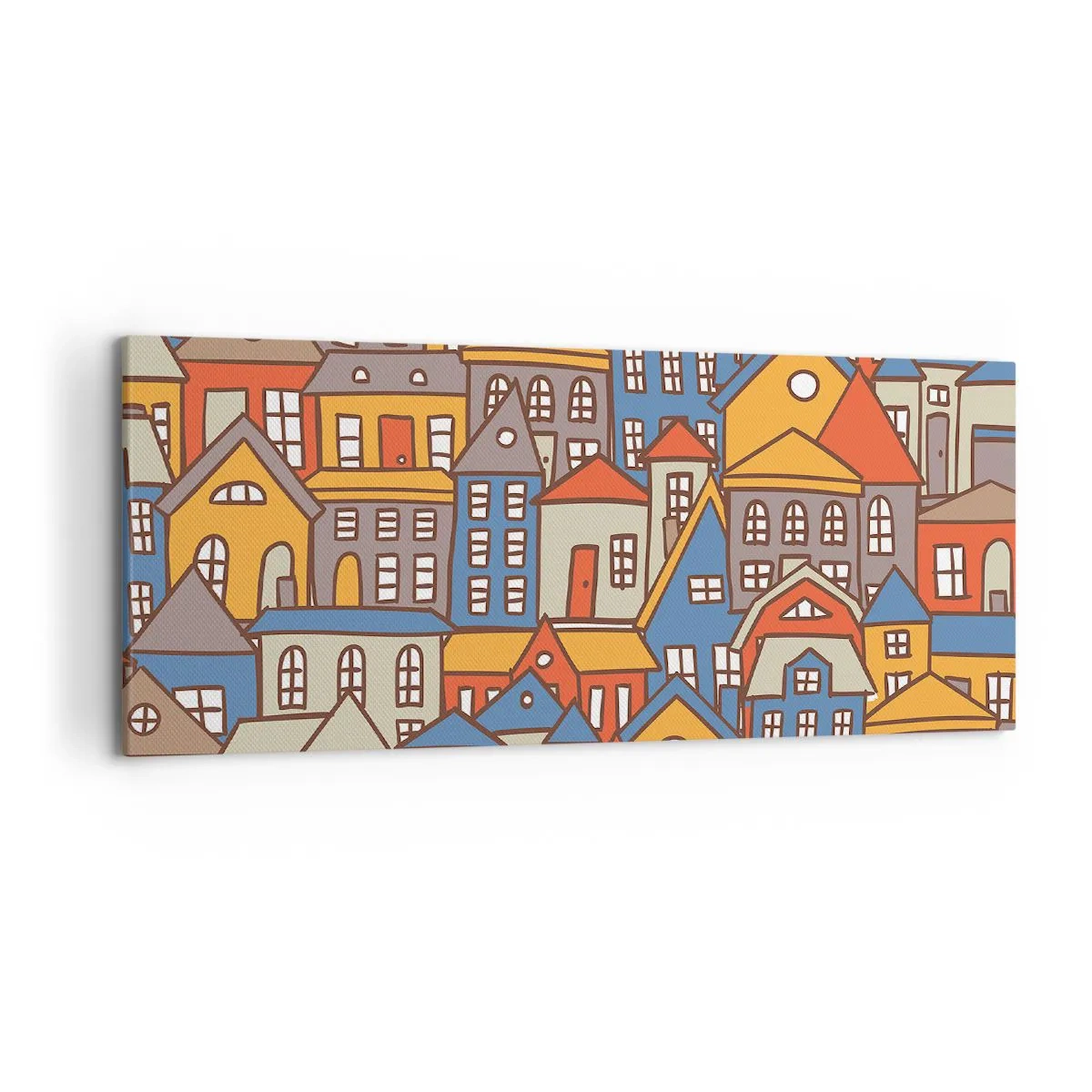 Impression sur toile - Image sur toile - Maisons colorées dans un style graphique sur fond clair - 120x50cm - Derrière la maison, une maison - Décoration murale moderne pour le salon et la chambre ARTTOR