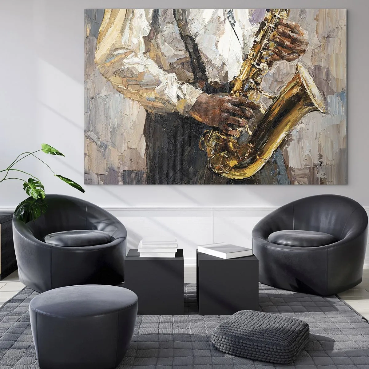 Impression sur verre - Image sur verre - Un musicien jouant du saxophone peint en utilisant la technique de l'empâtement - 120x80cm - C'est l'heure du solo - Décoration murale moderne pour le salon et la chambre ARTTOR