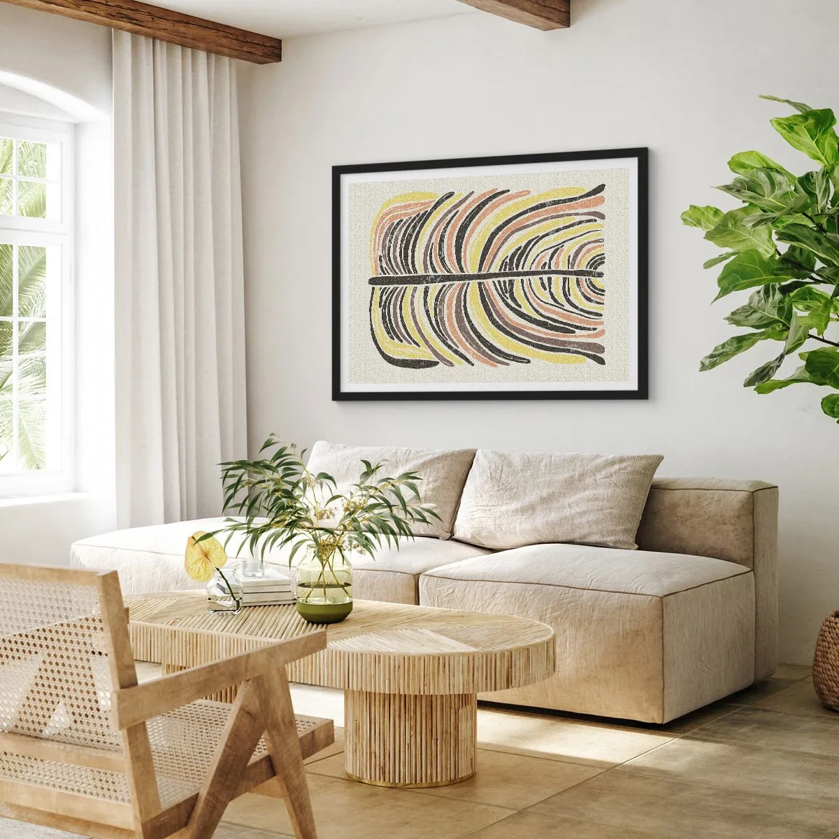 Affiche dans un cadre noir - Poster - Motif de feuille abstrait dans des tons terreux - 70x50cm - Abstraction pleine de vie - Décoration murale moderne pour le salon et la chambre ARTTOR