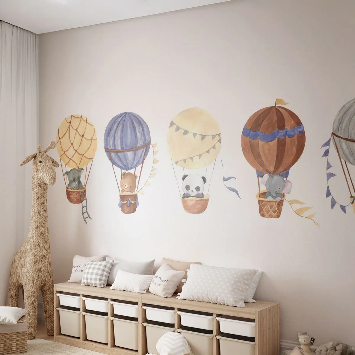 Papier Peint Photo Premium Sand - Animaux dans des ballons peints à l'aquarelle sur fond blanc - 100x70cm - Compagnons de voyage - Décoration murale moderne pour le salon et la chambre ARTTOR