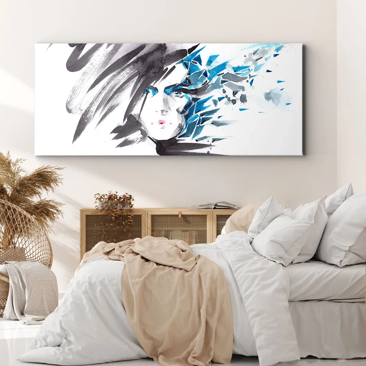 Impression sur toile - Image sur toile - Peinture faciale artistique à l'aquarelle avec des accents bleus - 160x50cm - Portrait sensuel en gris et bleu - Décoration murale moderne pour le salon et la chambre ARTTOR
