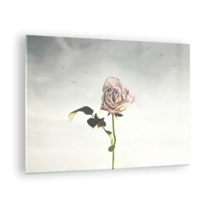 Impression sur verre - Image sur verre - Une rose délicate contre le ciel avec des oiseaux en vol - 70x50cm - Bonjour de printemps - Décoration murale moderne pour le salon et la chambre ARTTOR