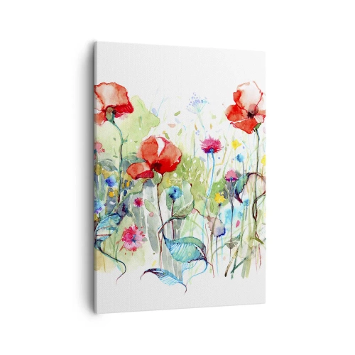 Impression sur toile - Image sur toile - Une prairie avec des coquelicots rouges et des fleurs colorées à l'aquarelle - 50x70cm - Prairie de fleurs en mai - Décoration murale moderne pour le salon et la chambre ARTTOR