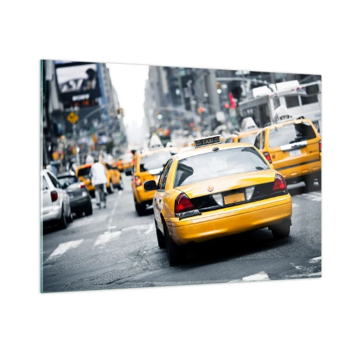 Impression sur verre - Image sur verre - Des taxis jaunes dans les rues de New York dans l'agitation de la ville - 100x70cm - Seulement dans cette ville - Décoration murale moderne pour le salon et la chambre ARTTOR