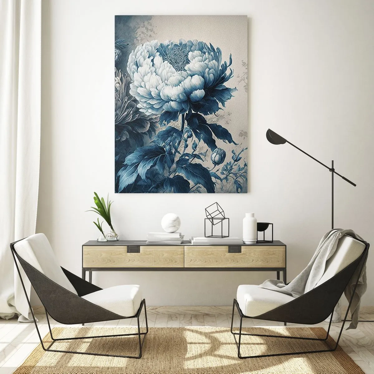 Impression sur verre - Image sur verre - Pivoines bleues sur un fond subtil avec un motif délicat - 70x100cm - Paire assortie - Décoration murale moderne pour le salon et la chambre ARTTOR