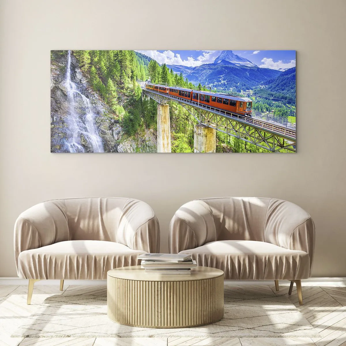 Impression sur verre - Image sur verre - Train dans les Alpes - 90x30 cm