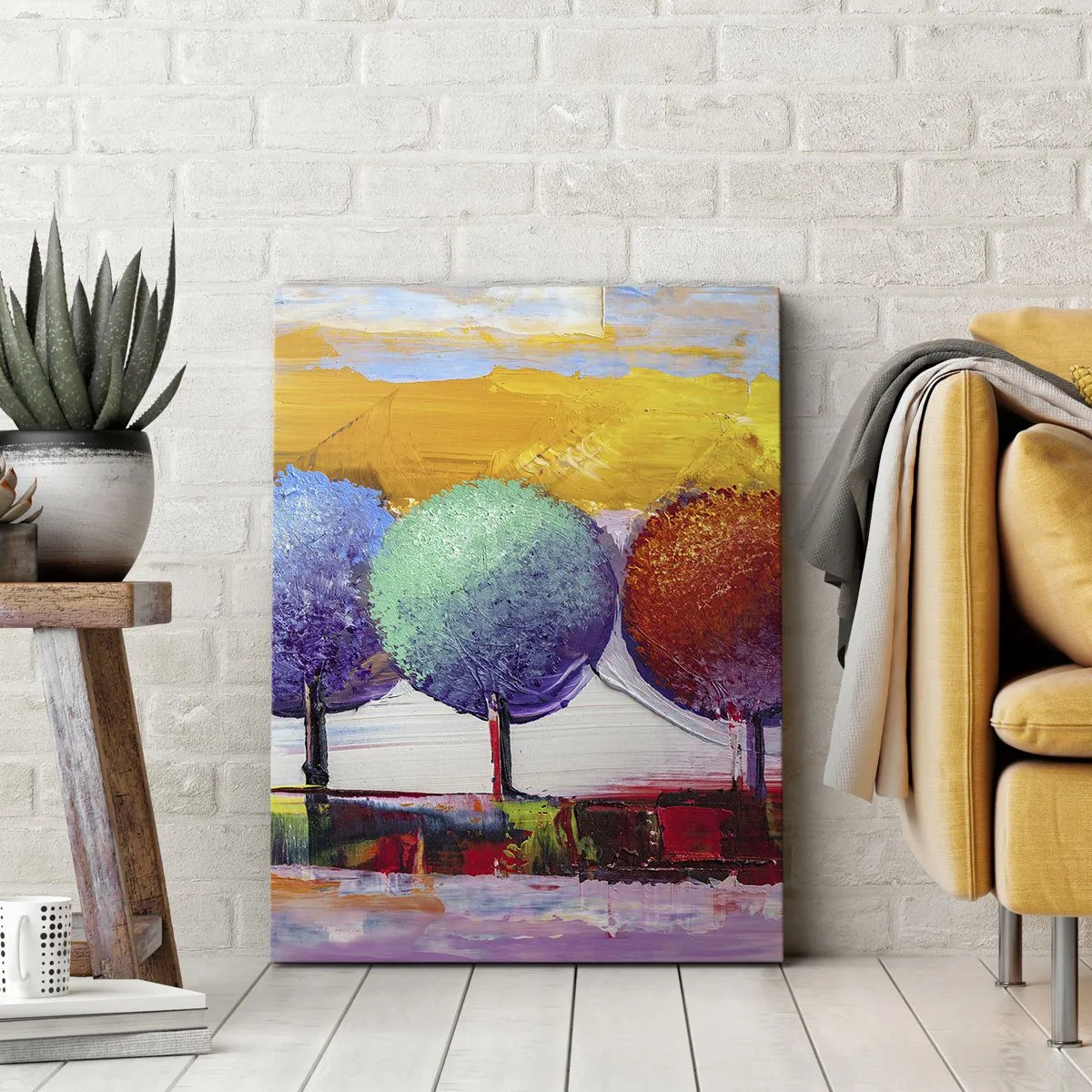 Impression sur toile - Image sur toile - Trois arbres colorés sur un fond abstrait - 50x70cm - Art jusqu'à trois - Décoration murale moderne pour le salon et la chambre ARTTOR