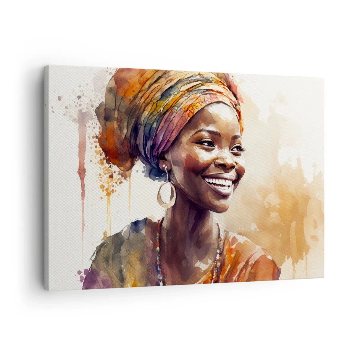Impression sur toile - Image sur toile - Portrait d'une femme souriante dans un foulard coloré à l'aquarelle - 70x50cm - reine africaine - Décoration murale moderne pour le salon et la chambre ARTTOR