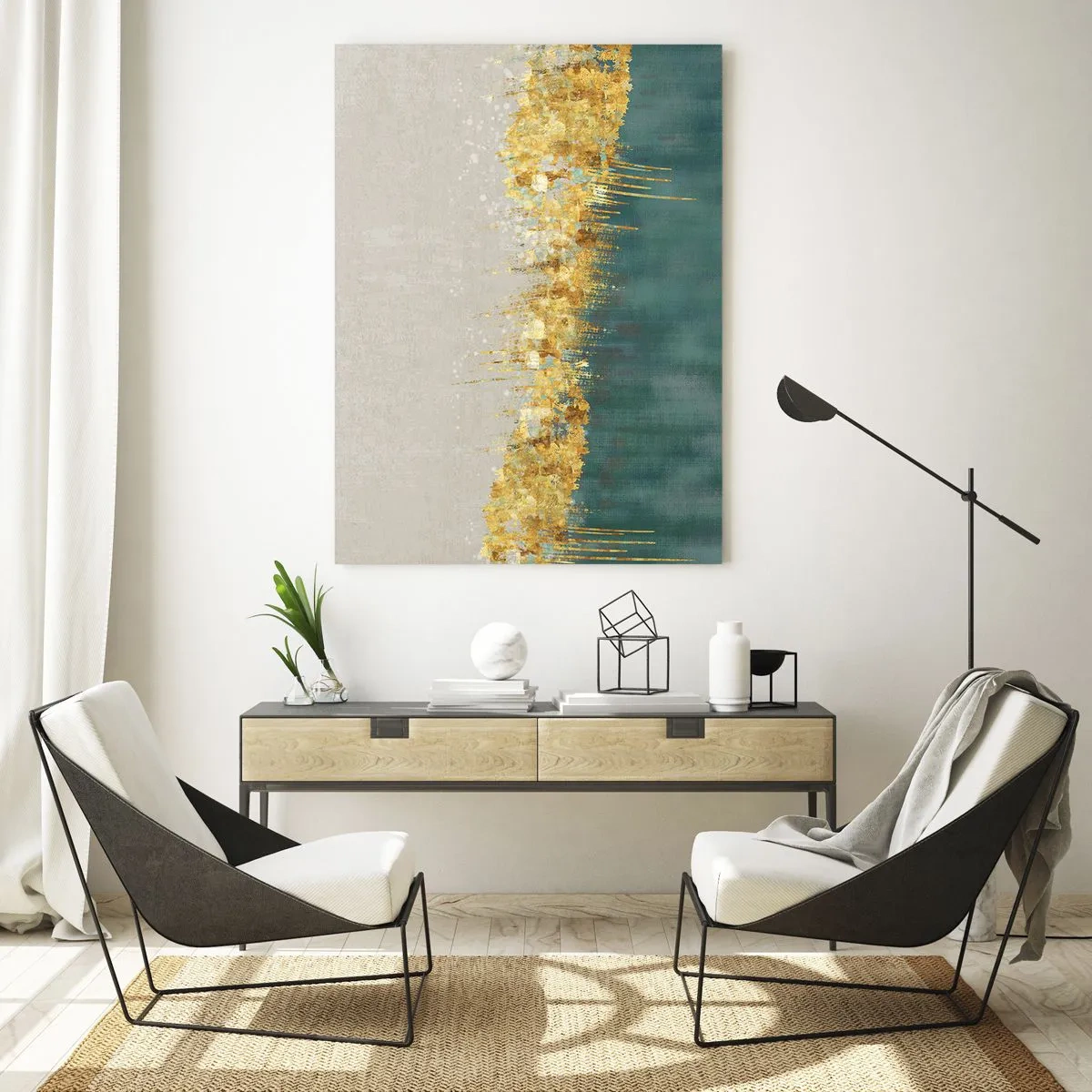 Impression sur verre - Image sur verre - Les accents dorés créent une frontière entre le beige et le vert bouteille - 50x70cm - La frontière dorée - Décoration murale moderne pour le salon et la chambre ARTTOR