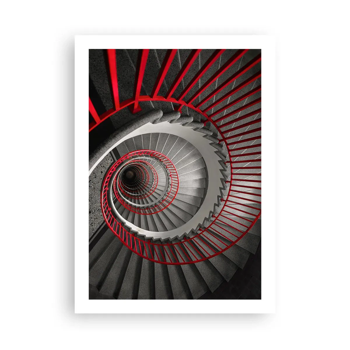 Affiche - Poster - Escalier en colimaçon noir et blanc avec rampes rouges - 50x70cm - Amusement architectural - Décoration murale moderne pour le salon et la chambre ARTTOR