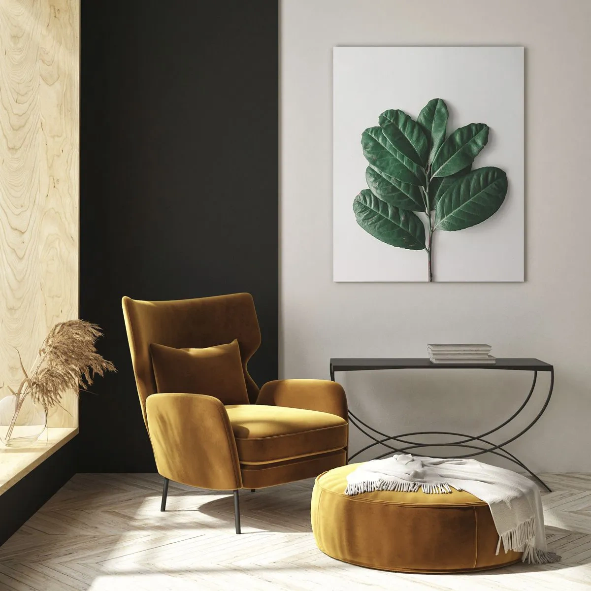 Impression sur verre - Image sur verre - Un brin de feuilles vertes sur un fond clair - 70x100cm - Dessin de la nature elle-même - Décoration murale moderne pour le salon et la chambre ARTTOR