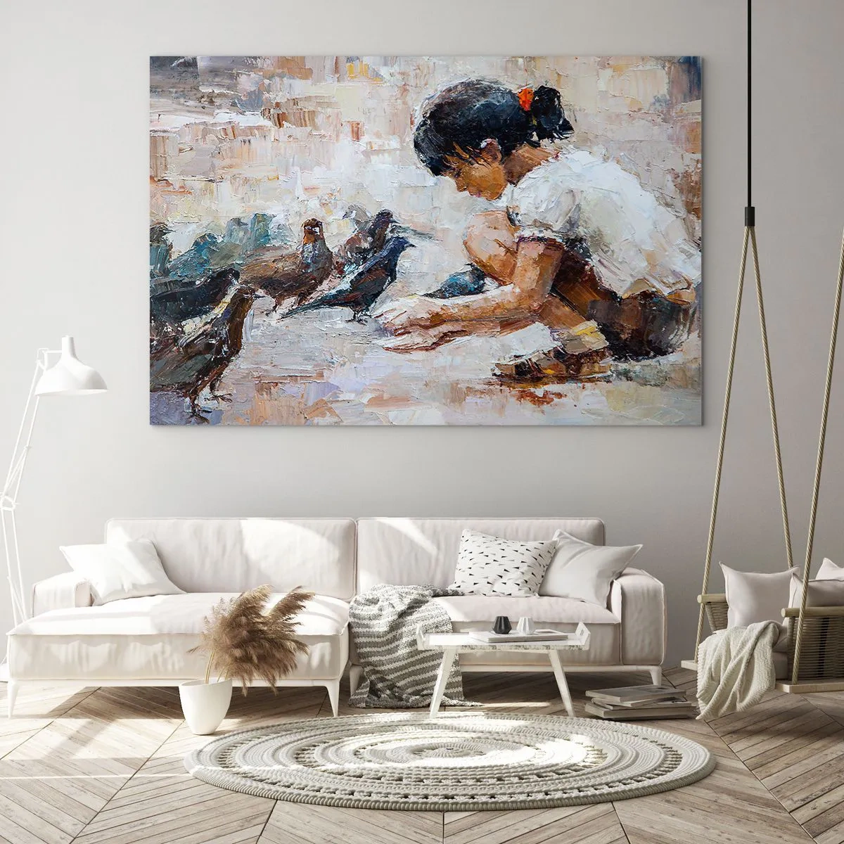 Impression sur verre - Image sur verre - Une fille nourrissant des oiseaux sur un fond impressionniste - 120x80cm - Les plus petits et les plus gentils - Décoration murale moderne pour le salon et la chambre ARTTOR