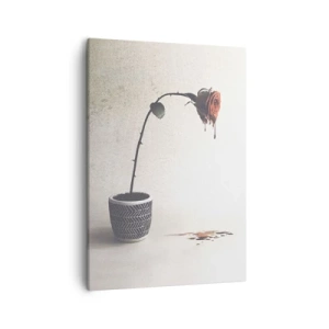 Impression sur toile - Image sur toile - Une rose rouge dans un pot avec des gouttes de colorant sur un fond blanc - 50x70cm - Rosa dolorosa - Décoration murale moderne pour le salon et la chambre ARTTOR